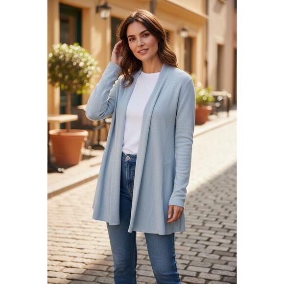 Eileen Fisher Sweater Womens XL Linen Pale Blue Blend Long Open Knit Cardigan - Picture 1 of 9